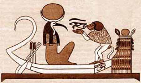 Thoth and the Human represented by the Ape. The Ape uses the Eye of Horus (the third Eye) to look at Thoth